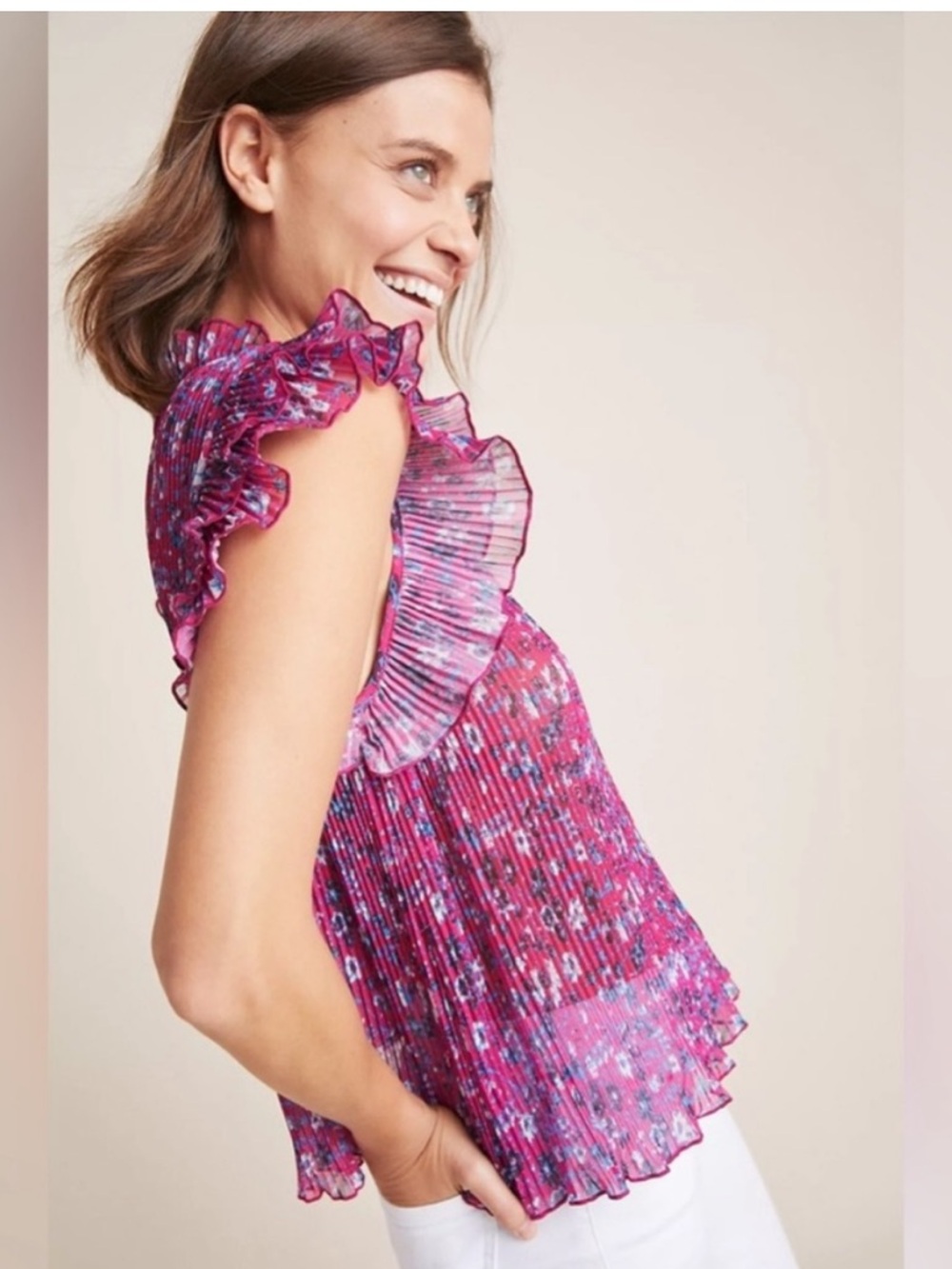 Anthropologie Frieda Pleated Ruffle Floral Top